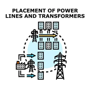 Power lines and transformers distributing electricity in a network Stock Illustration