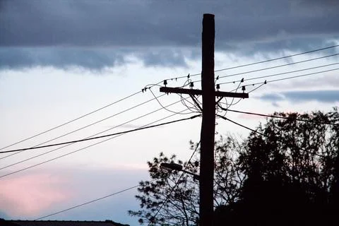 Power Lines And Utility Pole Silhouetted Against A Soft Pink And Blue Eveni.. Stock Photos