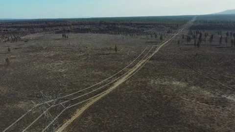 Power Lines and Wildfire Aftermath Lava Beds National Monument California Stock Footage 145925864