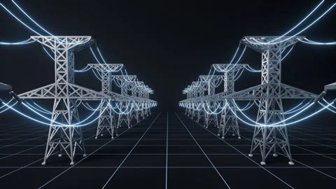 Power lines between the transmission towers, 3d rendering. Stock Footage 341304941