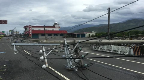 Power Lines Block Road After Major Hurricane Hits Coast Vídeo Stock 68961041