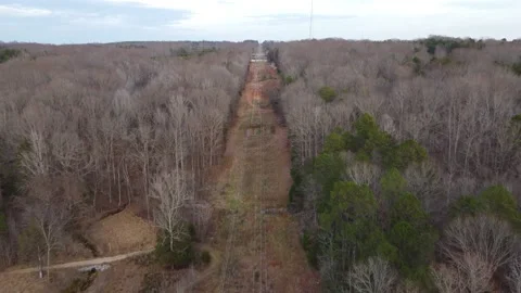 Power lines that cut through a fall forest in the east coast of the USA Stock Footage 167110283