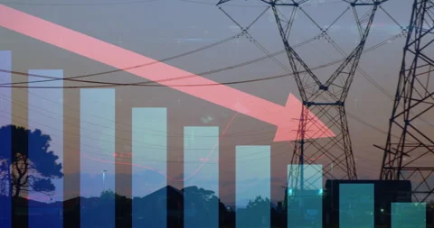 Power lines with declining graph animation indicating decrease in energy Stockbeeldmateriaal 304842076