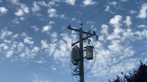 Power lines with distribution transformers during day Stock Footage 280815960