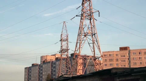 Power lines. The evening of the pylon outline Video stock 65873518