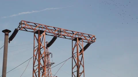 Power lines. The evening of the pylon outline Video stock 65875054