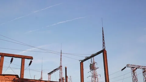 Power lines. The evening of the pylon outline Stock Footage 65876327