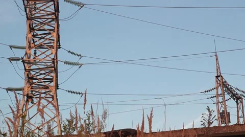 Power lines. The evening of the pylon outline Video stock 65876656