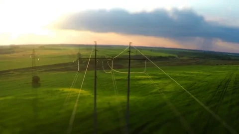 Power lines. Flight over high-voltage supports and wires Video stock 74805054
