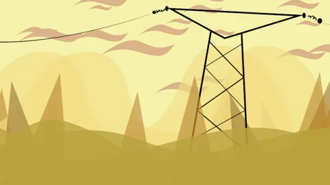 Power lines in forest in sunset time Video stock 195787889