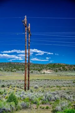 Power lines on a grassy hill iin Western USA. Stock Photos