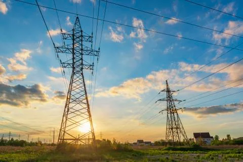 Power lines grid at the sunset. 스톡 사진