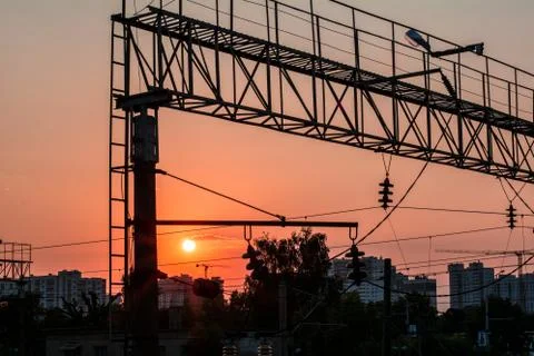 Power lines hanging on an iron structure Stock Photos