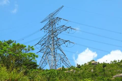 Power lines with high voltage Stock Photos