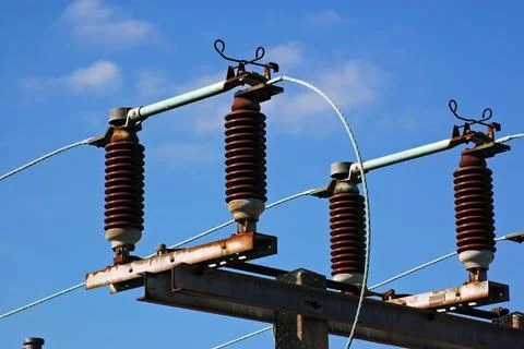 Power lines with insulators Stock Photos