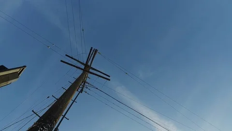 Power Lines in Motion: A Skyward View Stock Footage 76004912
