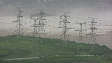 Power lines near Three Gorges Dam in China Видео 5505905
