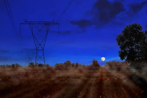 Power lines at night Stock Photos