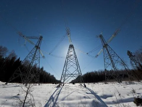 Power lines at the night Stock Photos