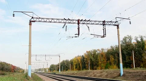 Power lines on the railway 스톡 동영상 68237898