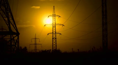 Power lines in the setting sun Stock Footage 68189327