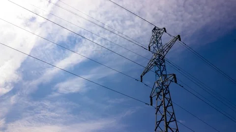 Power lines on the sky backgound Stock Footage
