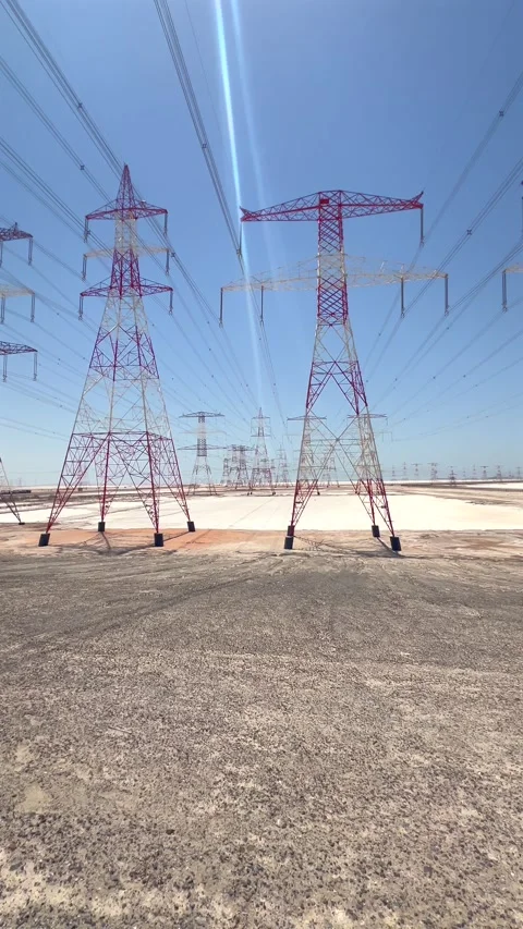 Power lines stretch across desert sands, their metal towers standing out against Stock Footage 283262643