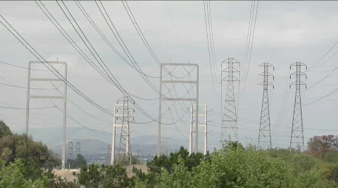 Power lines stretch from tower to tower. Stock Footage 554964