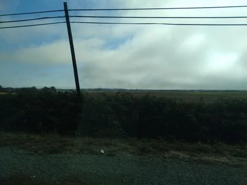 Power lines stretching above empty field near highway Stock Photos