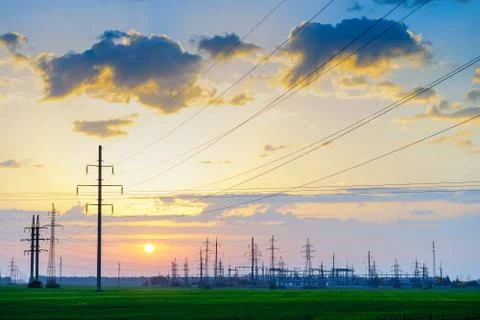 Power lines at the sunset 스톡 사진