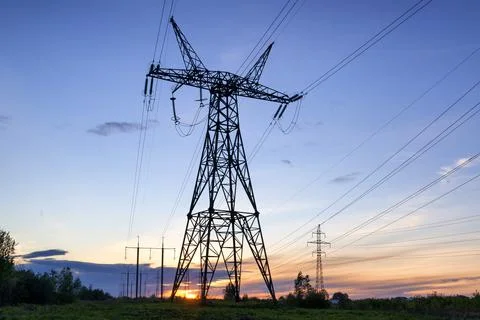 Power lines at sunset 스톡 사진