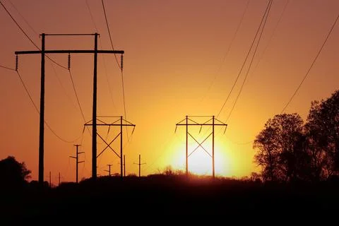 Power Lines at Sunset Stock Photos