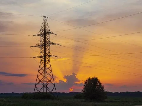 Power lines at the sunset. Stock Photos