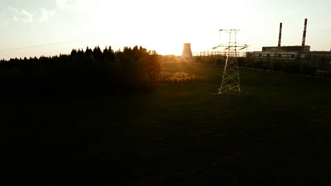 Power lines at sunset. Thermal power plant. 33 Stock Footage 89866536