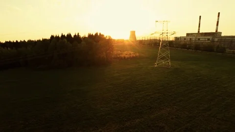 Power lines at sunset. Thermal power plant. 34 Video stock 89866567