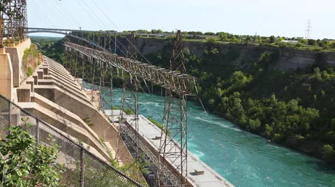 Power lines from water generating station at Niagara River, Canada Stock Footage 35900901