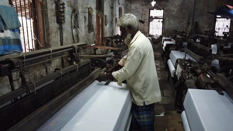 Power loom workshop in the textile city of Bhiwandi Stock Footage 121186917