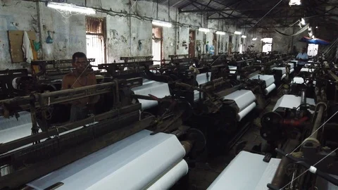 Power loom workshop in the textile city of Bhiwandi Stock Footage 121187024