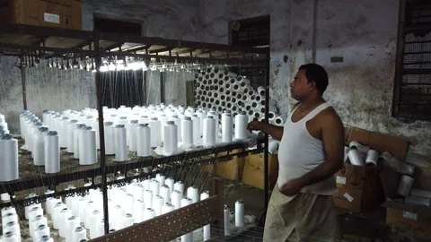 Power loom workshop in the textile city of Bhiwandi Stock Footage 121187034