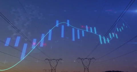 Power network being animated during dusk, with towers, candlestick bars, flat Stock Footage 308602495