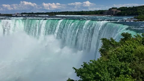 Power of Niagara Falls with green tree branch in foreground, turquoise water Stock Footage 342551405