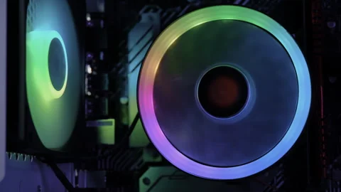 Power on of personal computer, cooling unit with the fan of the stylish modern Stock Footage 269739179