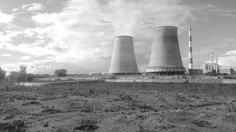 Power plant and clouds on summer day black and white timelapse Stock Footage 82987672