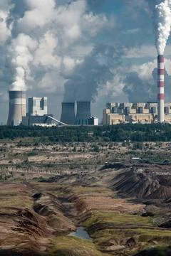 Power plant and coal mine in Belchatow, Poland. Coal-fired power station with Stock Photos