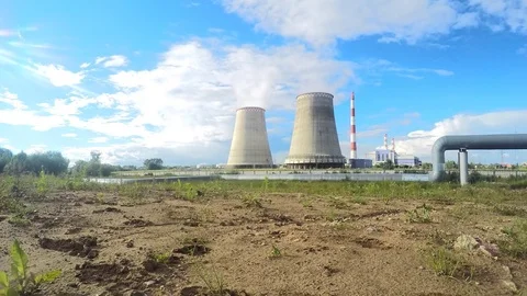 Power plant and white clouds in summer timelapse Stock Footage 82985359