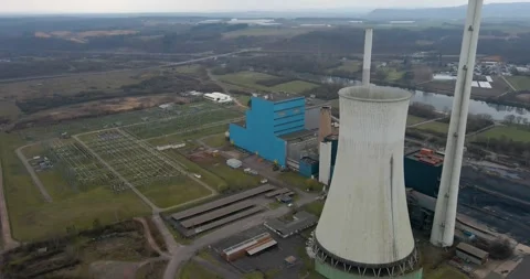 Power Plant With Cooling Tower, Riverside Substation, Aerial Drone View Stock Footage 340639341