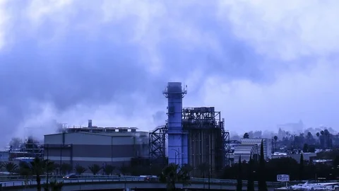 Power plant factory causing pollution - time lapse Stock Footage 87754671