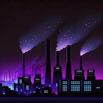 Power plant skyline at night. Silhouette illustration of a Stock Illustration