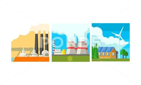 Power plant stations set, clean and polluting energy generation production Stock Illustration