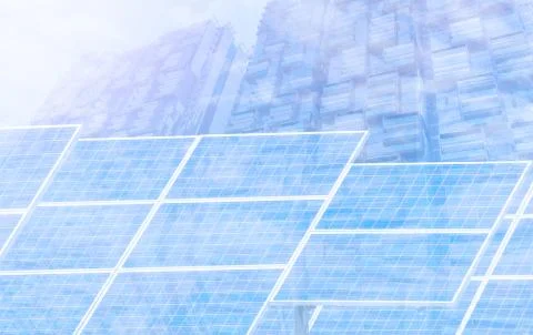 Power plant using renewable solar energy with city building background Stock Photos
